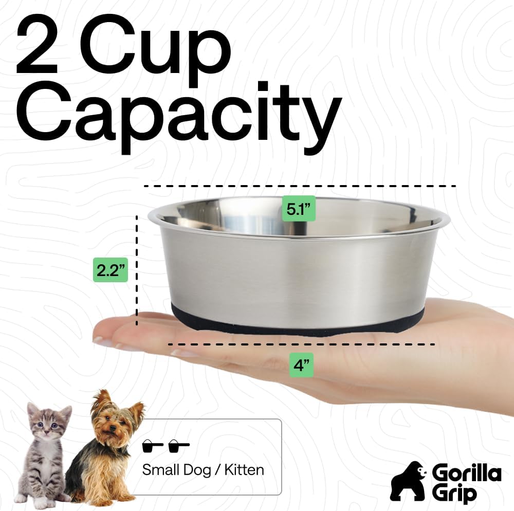 GORILLA GRIP Dog Bowls, Food Grade 304 Stainless Steel, Holds 2 US Cups Each (16 fl oz) Food and Water Bowl for Feeding Dogs and Cats, Dishwasher Safe, Rust Resistant BPA Free Rubber Base, 2 Set Black