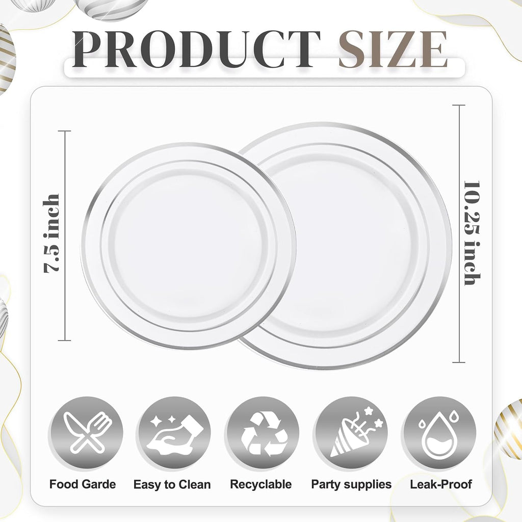 120PCS Plastic Plates White Silver Rim - Disposable Plates including 60PCS for Dinner 10.25inch, 60 Salad/Dessert Plates 7.5inch Heavy Duty Wedding Party Birthday