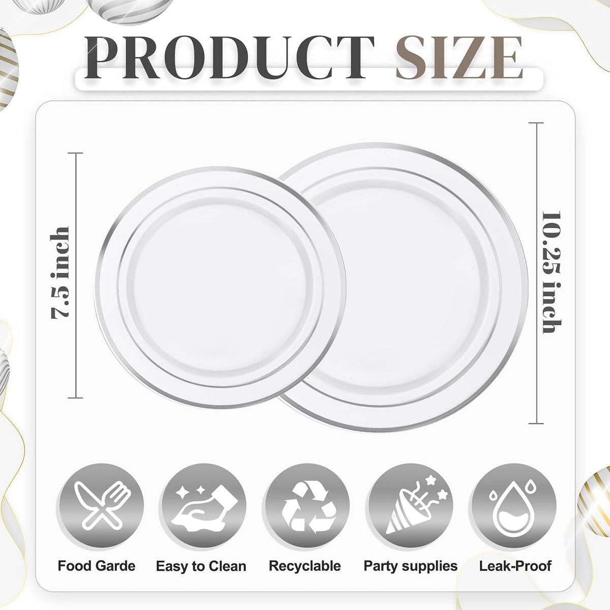 120PCS Plastic Plates White Silver Rim - Disposable Plates including 60PCS for Dinner 10.25inch, 60 Salad/Dessert Plates 7.5inch Heavy Duty Wedding Party Birthday