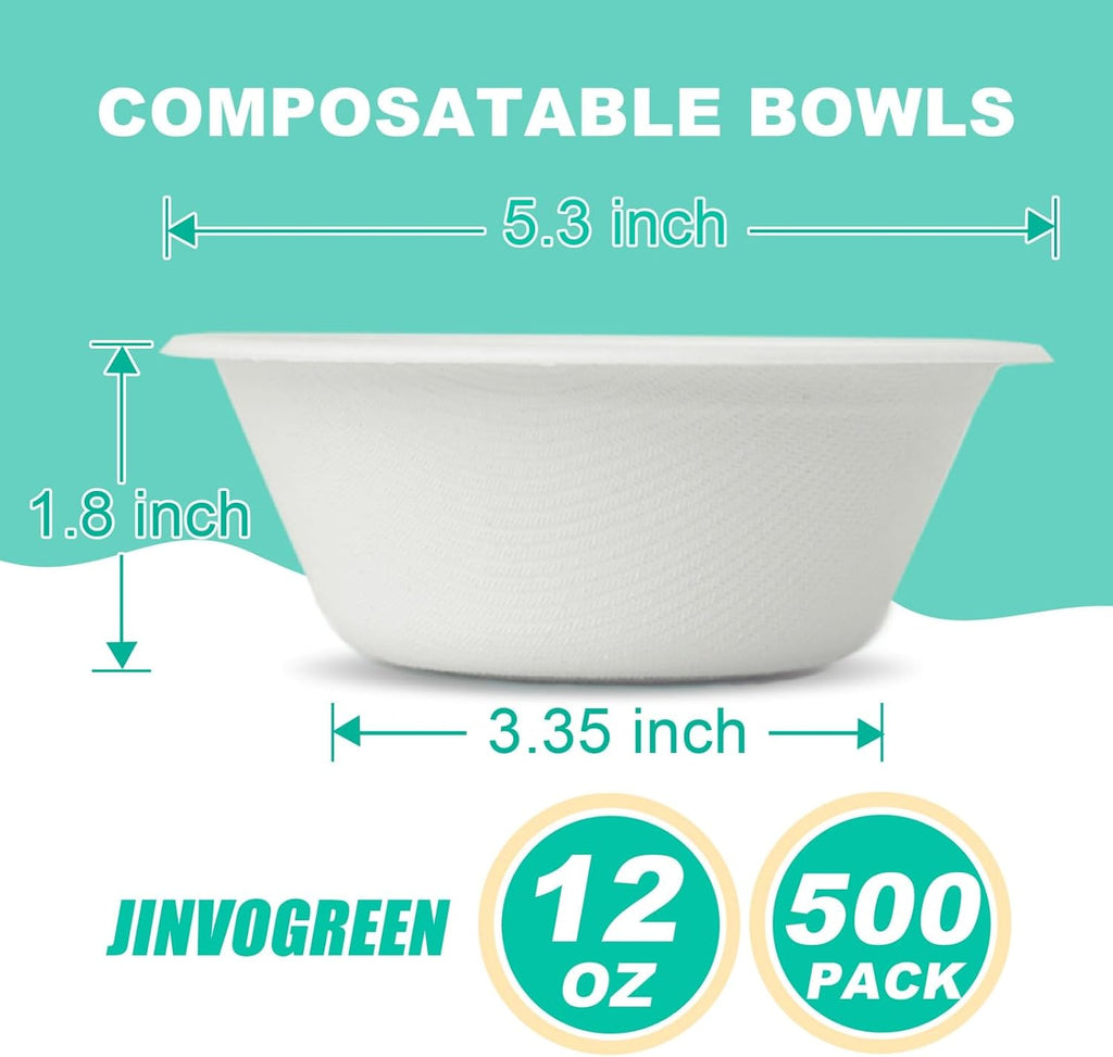 JINVOGREEN 500 Count 12 oz Paper Bowls, Compostable Bowls Bulk, White | Heavy Duty Disposable Bowls, Sugarcane Bagasse Bowls Bulk for Cereal, Snacks, Soup, Salads, Eco-Friendly, Microwave Safe