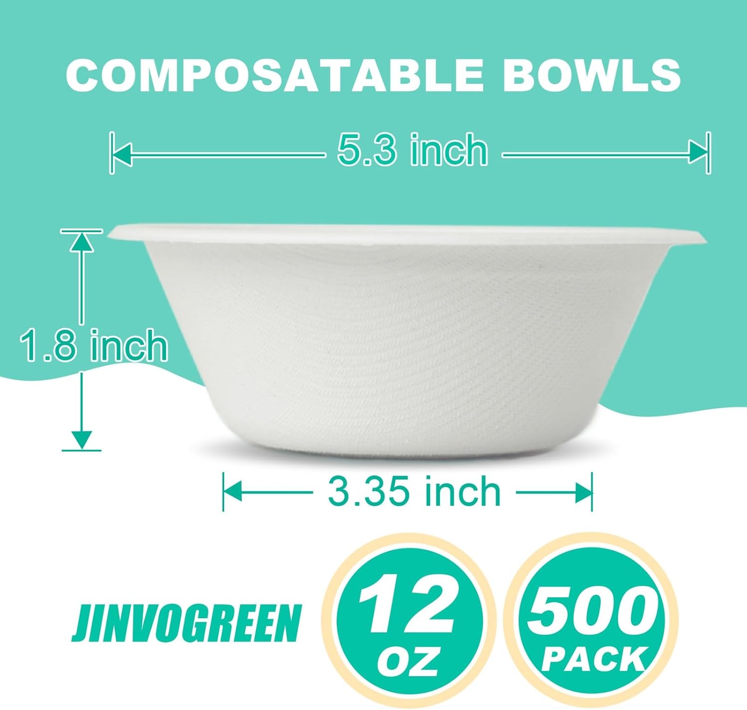 JINVOGREEN 500 Count 12 oz Paper Bowls, Compostable Bowls Bulk, White | Heavy Duty Disposable Bowls, Sugarcane Bagasse Bowls Bulk for Cereal, Snacks, Soup, Salads, Eco-Friendly, Microwave Safe