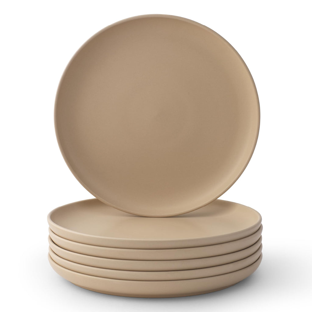 JoyJolt Mesa Stoneware Dinner Plates Set of 6, 10.5” Dish Set, Dishwasher and Microwave Safe Plate Set, Modern Rustic Dinnerware, Kitchen Serving Dishes - Matte White (Linen)