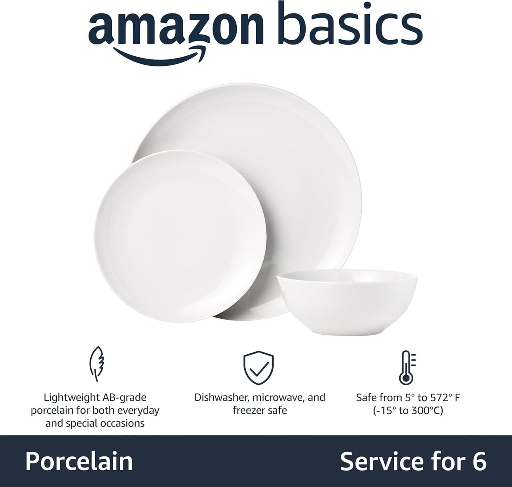 Amazon Basics 18-Piece Complete Kitchen Dinnerware Set, Microwave and Dishwasher Safe, Plates, Dishes, Bowls for Everyday Use, Service for 6, White Porcelain Coupe