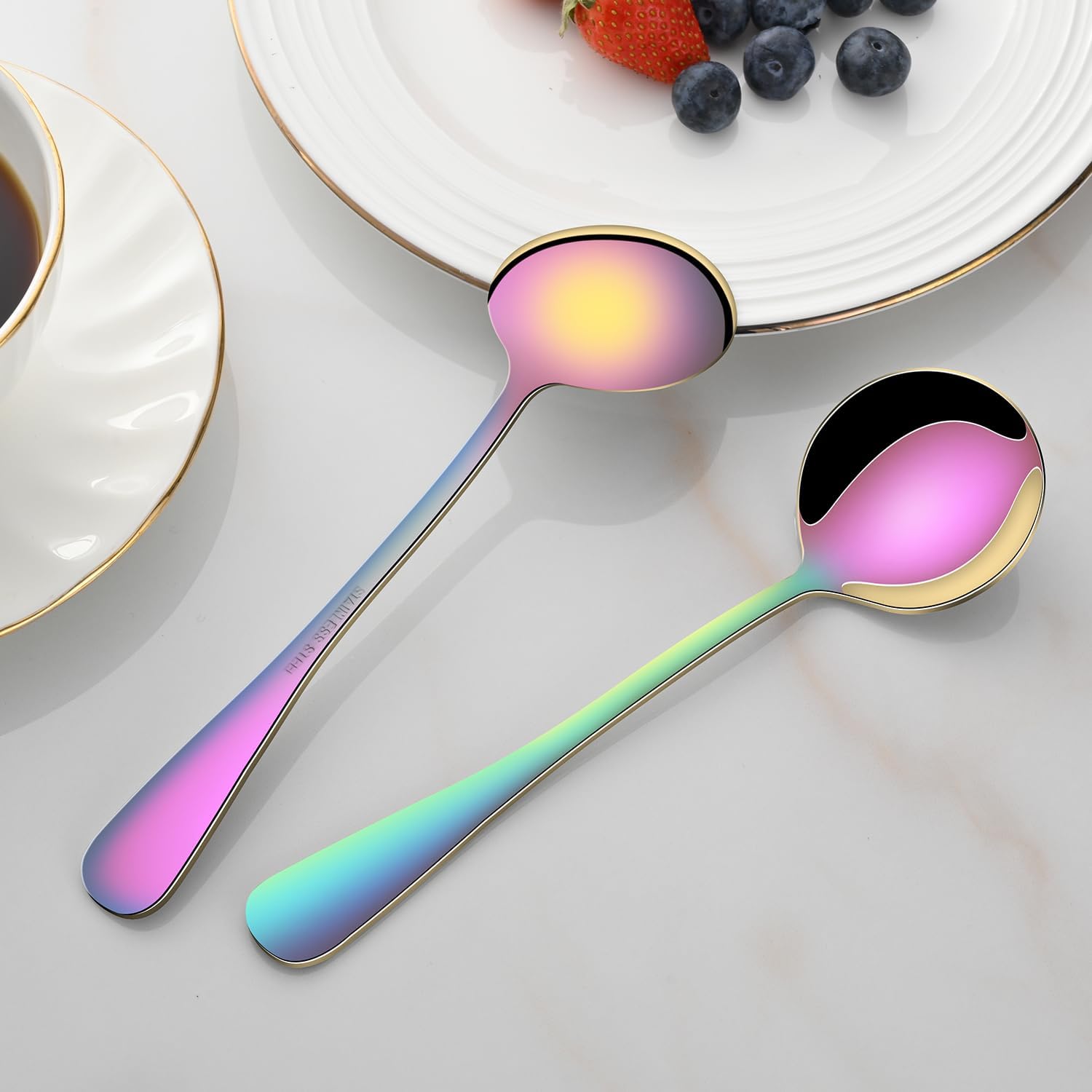 8-Piece Rainbow Soup Spoons Set, 7.4 Inch Colorful Stainless Steel Silverware Round Spoon Set, Mirror Polished Iridescent Metal Spoons for Cereal & Dessert