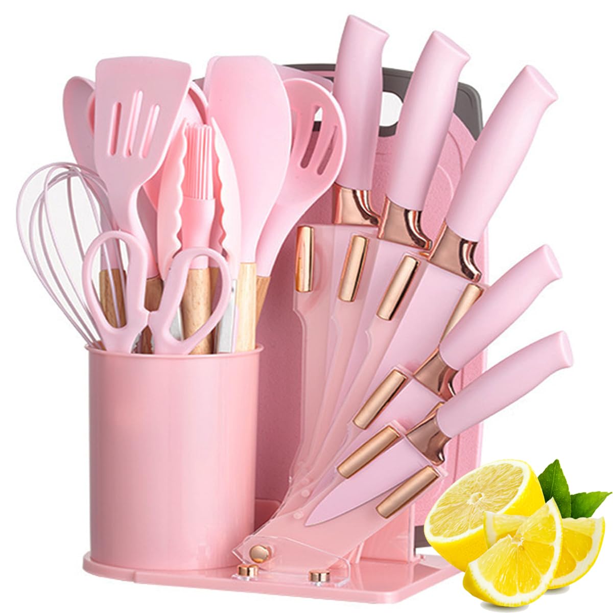 19 Pieces Kitchen Cooking Utensils and Knife Set with Holder Block, Include 11 Pcs Silicone Cooking Utensils 5 Pcs Sharp Stainless Steel Knives Scissors Whisk Tongs and Cutting Board (WHITE)