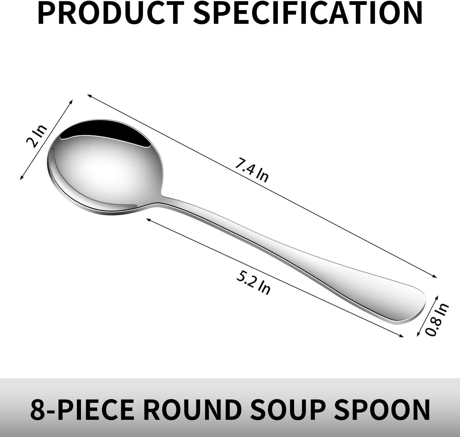 Round Soup Spoons Set of 8, 7.4 Inch Classic Metal Kitchen Silverware Spoons, Mirror Polished Stainless Steel Spoons for Cereal, Dessert