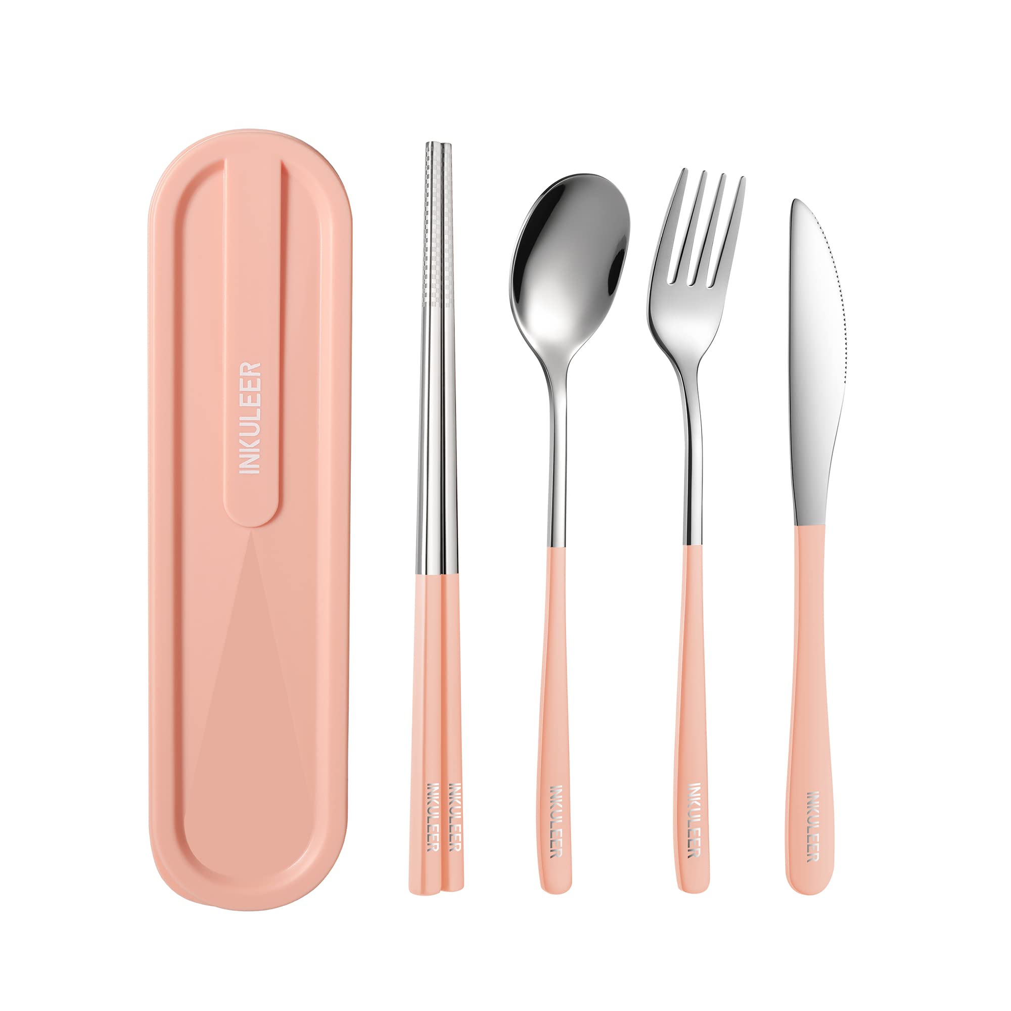 iNKULEER Travel cutlery set, 18/8 stainless steel cutlery, Reusable utensils set with case, Portable Silverware Lunch Box for Camping and Office (Pink)