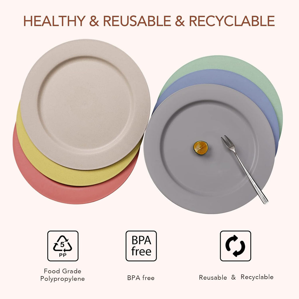 10inch/6pcs Dishwasher & Microwave Safe Wheat Straw Plates - Lightweight Reusable Unbreakable Dinner Plates, Non-toxin, BPA Free and Healthy for Kids & Adults