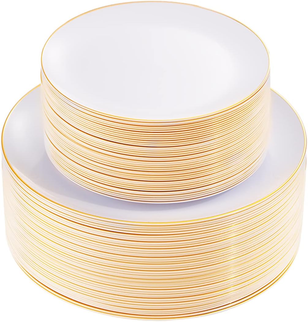 KIRE 100PCS White Plates with Gold Trim - Plastic Disposable Plates - Includes 50Pieces 10.25inch Dinner and 50Pieces 7.5inch Dessert/Salad Plastic Plate for Wedding Receptions/Party/Thanksgiving