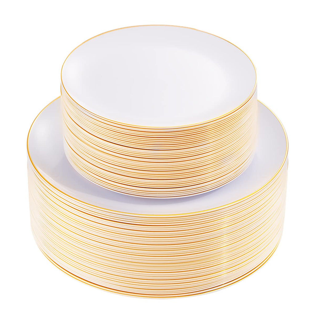 KIRE 100PCS White Plates with Gold Trim - Plastic Disposable Plates - Includes 50Pieces 10.25inch Dinner and 50Pieces 7.5inch Dessert/Salad Plastic Plate for Wedding Receptions/Party/Thanksgiving