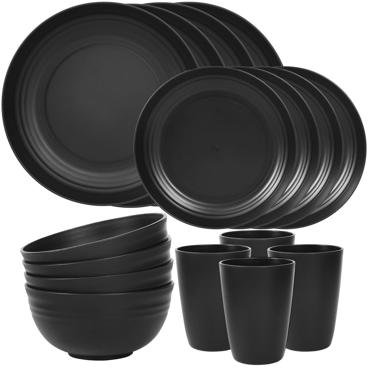 Quatish 24 Piece Plates and Bowls Sets for 6, Unbreakable Dinnerware Sets, Dish Set for Camping, Dishwasher Microwave Safe, Outdoor Kitchen and Apartment Dorm Dinning RV Essentials, Black