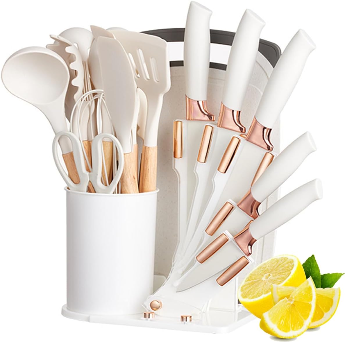 19 Pieces Kitchen Cooking Utensils and Knife Set with Holder Block, Include 11 Pcs Silicone Cooking Utensils 5 Pcs Sharp Stainless Steel Knives Scissors Whisk Tongs and Cutting Board (WHITE)