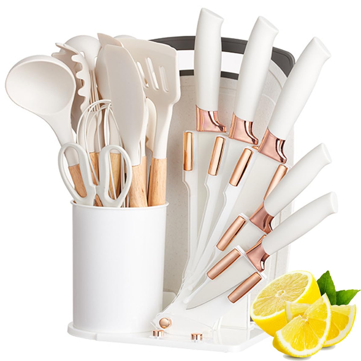19 Pieces Kitchen Cooking Utensils and Knife Set with Holder Block, Include 11 Pcs Silicone Cooking Utensils 5 Pcs Sharp Stainless Steel Knives Scissors Whisk Tongs and Cutting Board (WHITE)