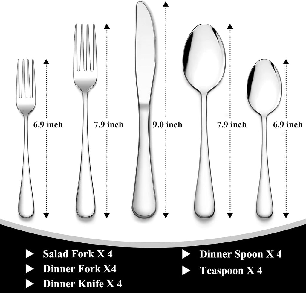 Wildone 20-Piece Silverware Set, Stainless Steel Flatware Cutlery Set Service for 4, Tableware Eating Utensils Include Knife/Fork/Spoon, Mirror Polished, Dishwasher Safe