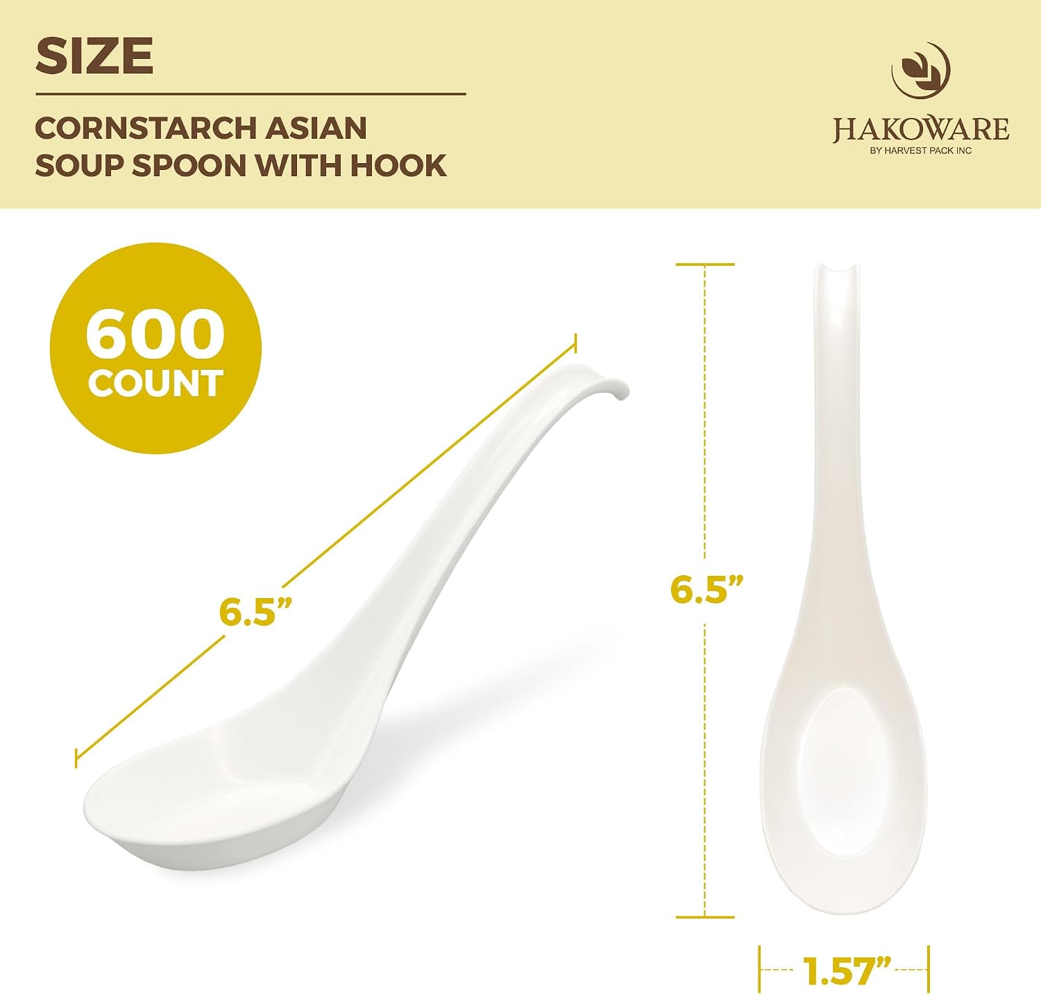 Disposable PLA Cornstarch Asian Soup Spoons with Hook Plastic-Free, 600 PK | Anti-Slip Hook Design,Eco-friendly,Heavy Duty,Crystalized,Take-out,Ramen,Pho,Noodles,Hot Soup,Hakoware,Chinese,Wonton,Cutlery