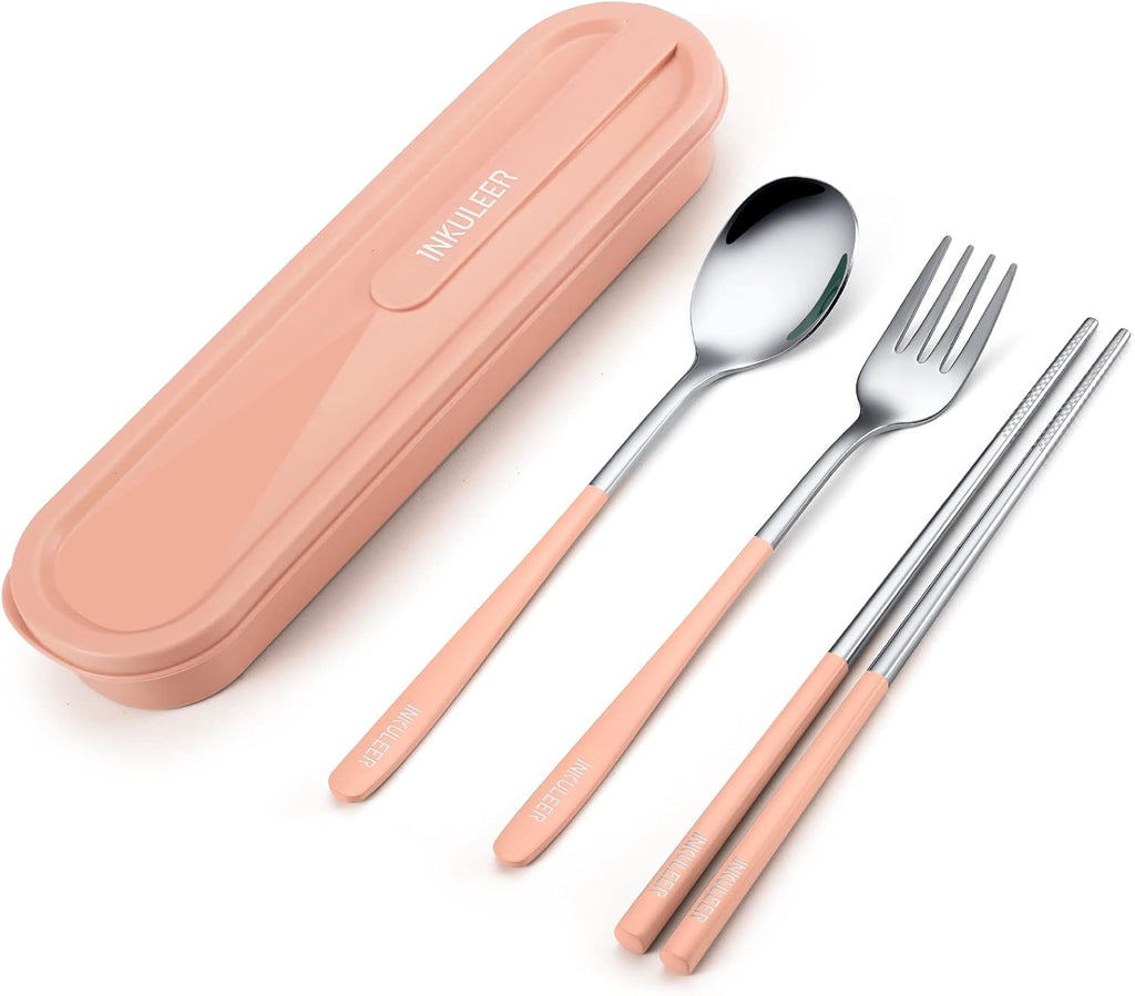 iNKULEER Travel cutlery set, 18/8 stainless steel cutlery, Reusable utensils set with case, Portable Silverware Lunch Box for Camping and Office (Pink)