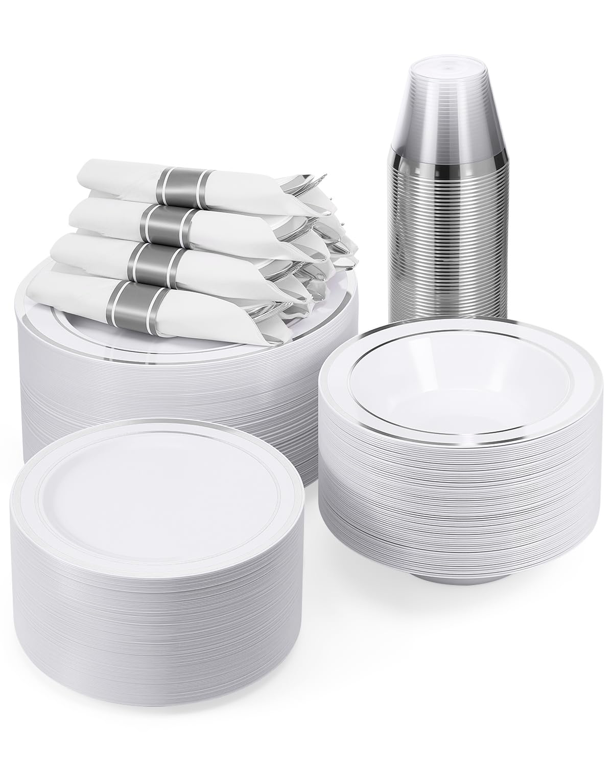 350 Piece Silver Plastic Dinnerware Set for 50 Guests | Disposable Dinnerware Includes: 50 Dinner Plates, 50 Dessert Plates, 50 Pre Rolled Napkins with Silver Silverware, 50 Cups