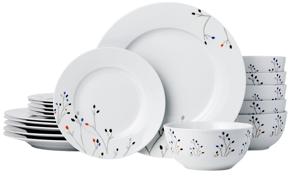 Amazon Basics 18-Piece Complete Kitchen Dinnerware Set, Microwave and Dishwasher Safe, Plates, Dishes, Bowls for Everyday Use, Service for 6, White Porcelain Coupe