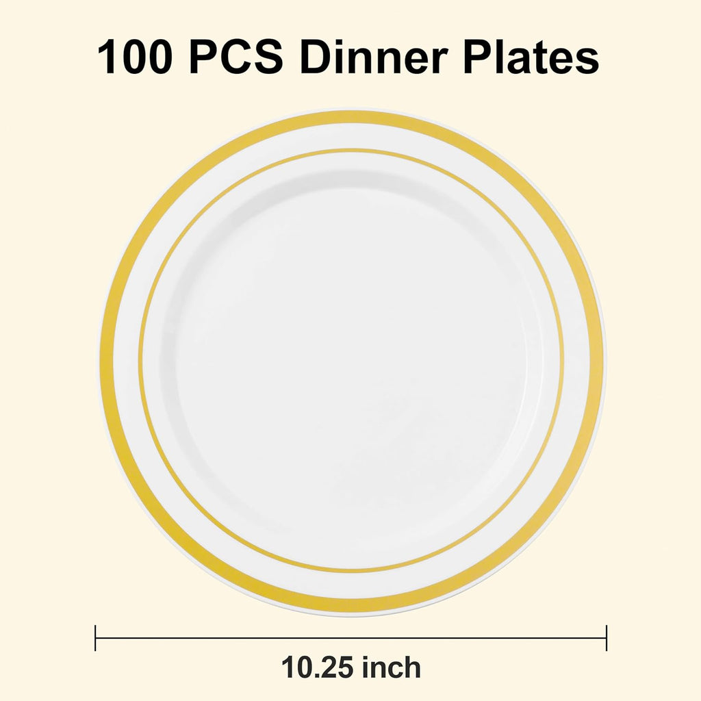BESTSTAR 100PCS White Plastic Plates for Party | 10.25 Inch Disposable Plates with Gold Rim, Heavy Duty Dinner Plates for Party, Wedding and Birthday