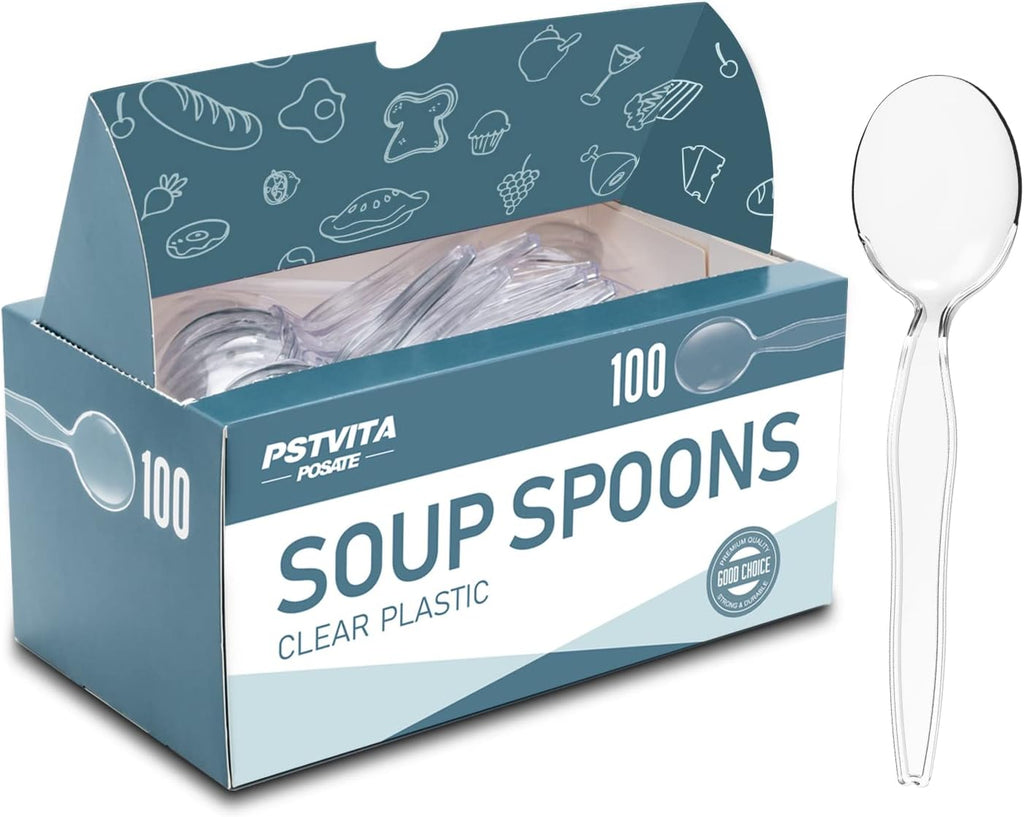 Plastic Soup Spoons, Heavyweight Clear Cutlery, Disposable Utensils for Party Supply, Pack of 100