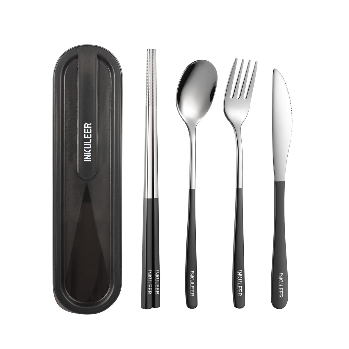 iNKULEER Travel cutlery set, 18/8 stainless steel cutlery, Reusable utensils set with case, Portable Silverware Lunch Box for Camping and Office (Pink)