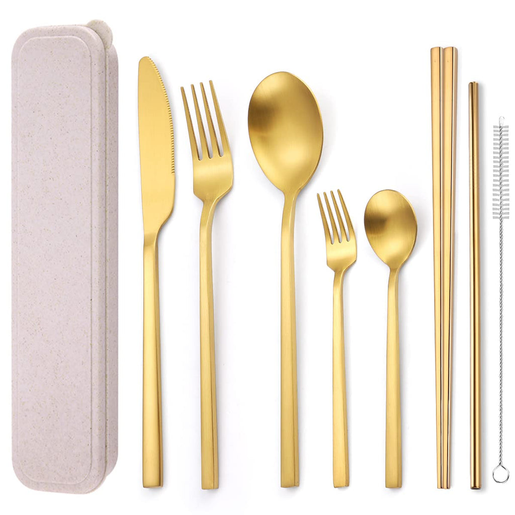 AARainbow 8 Pieces Stainless Steel Flatware Set Portable Reusable Cutlery Set Travel Utensils Set Including Chopsticks Knife Fork Spoon Straws Cleaning Brush Dishwasher Safe (B-Rose Golden)