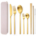 AARainbow 8 Pieces Stainless Steel Flatware Set Portable Reusable Cutlery Set Travel Utensils Set Including Chopsticks Knife Fork Spoon Straws Cleaning Brush Dishwasher Safe (B-Rose Golden)