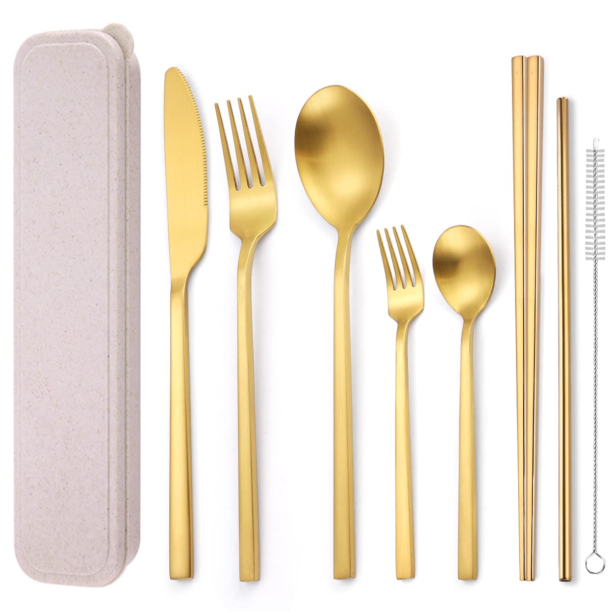 AARainbow 8 Pieces Stainless Steel Flatware Set Portable Reusable Cutlery Set Travel Utensils Set Including Chopsticks Knife Fork Spoon Straws Cleaning Brush Dishwasher Safe (B-Rose Golden)
