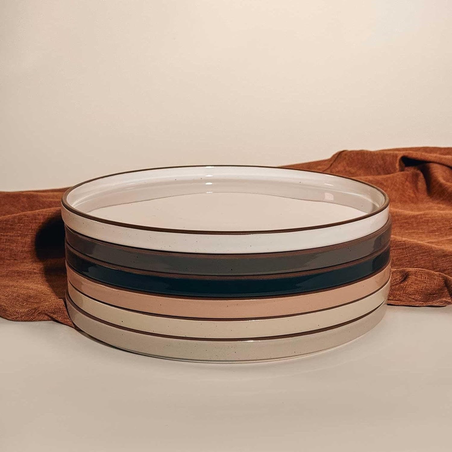 Mora Ceramic Flat Dinner Plates Set of 6, 10.5 in High Edge Dish Set - Microwave, Oven, and Dishwasher Safe, Scratch Resistant, Modern Dinnerware- Kitchen Porcelain Serving Dishes - Assorted Neutrals