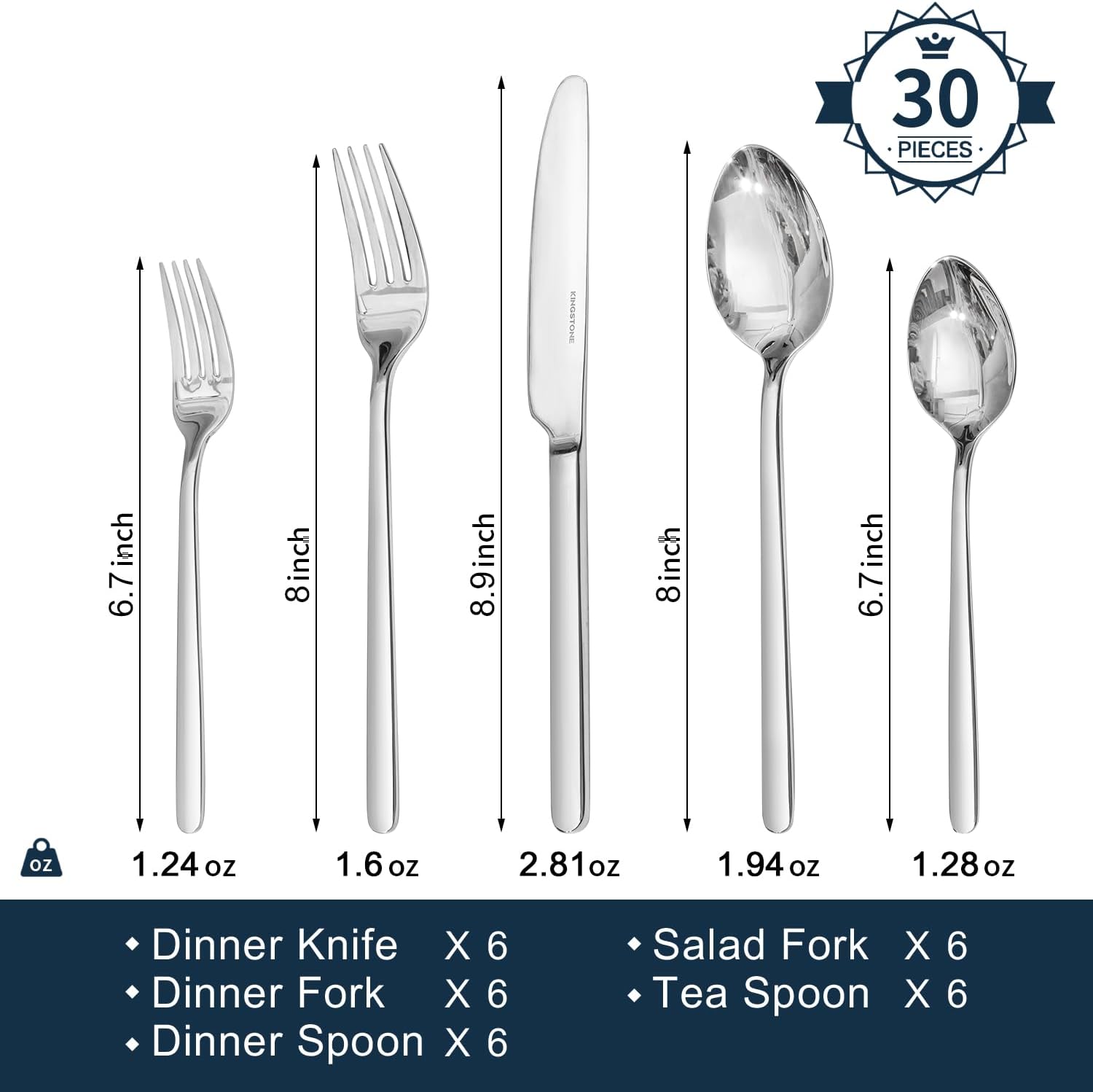 30 Pieces Silverware Set, Flatware Cutlery Set for 6, 18/10 Stainless Steel Silverware Utensils Minimalist Design Dishwasher Safe
