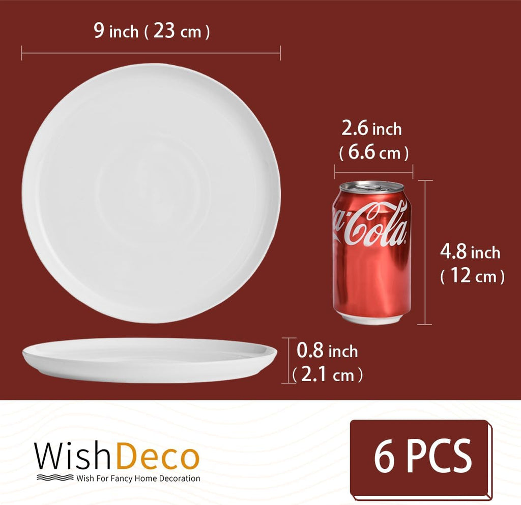 White Dinner Plates Set of 6, Porcelain Salad Plates 9 Inch, Modern Kitchen Plate, Round Serving Dishes, Microwave and Dishwasher Safe, Scratch Resistant, Smooth Glaze
