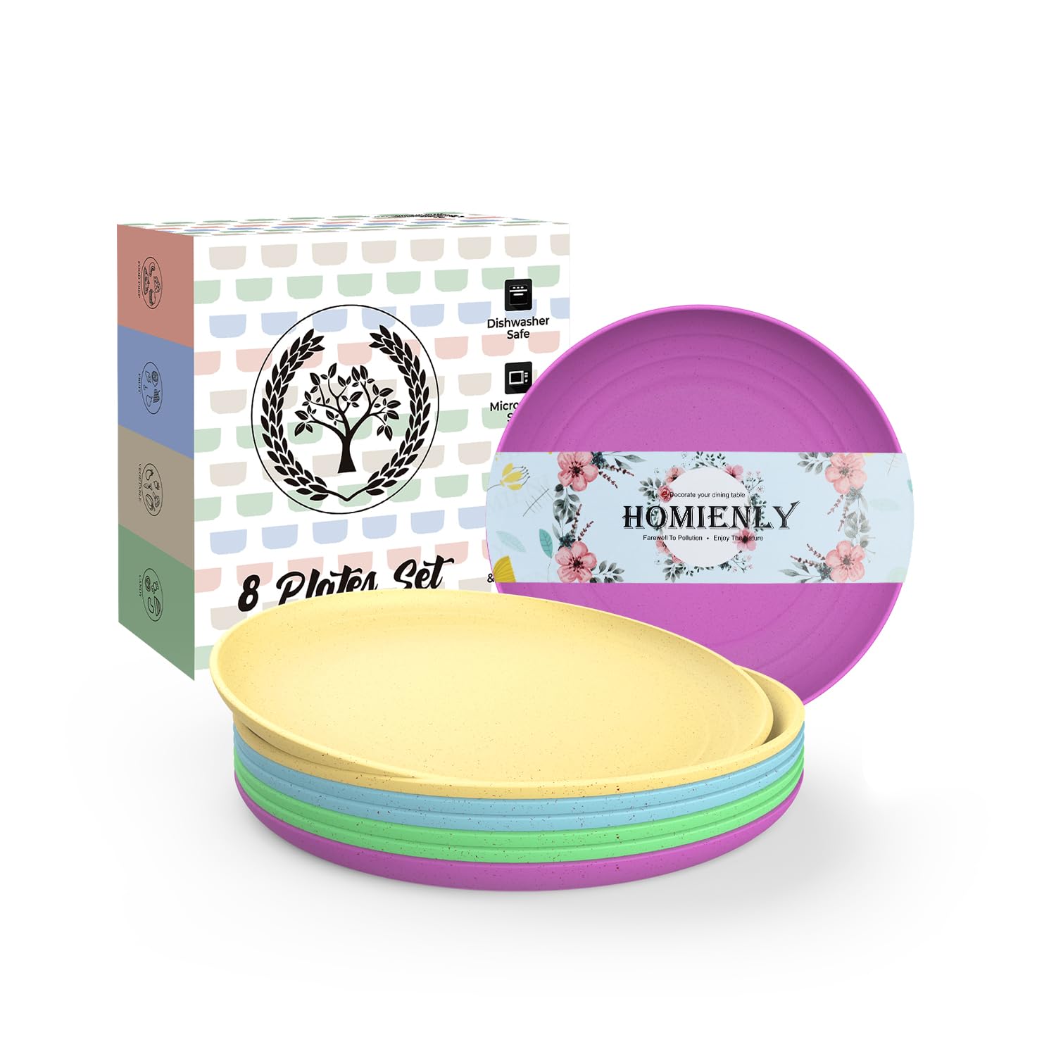 Deep Dinner Plates Set of 8 Alternative for Plastic Plates Microwave and Dishwasher Safe Wheat Straw Plates for Kitchen Unbreakable Kids Plate Set with 4 Colors (Classic Bright, 9 inch)