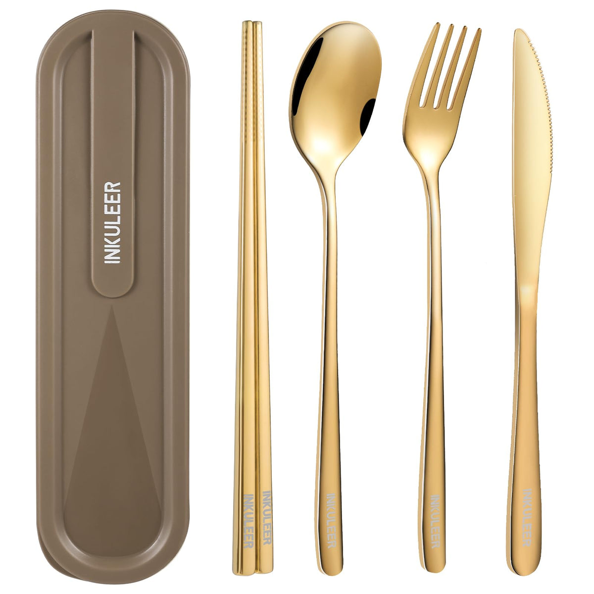 iNKULEER Travel cutlery set, 18/8 stainless steel cutlery, Reusable utensils set with case, Portable Silverware Lunch Box for Camping and Office (Pink)