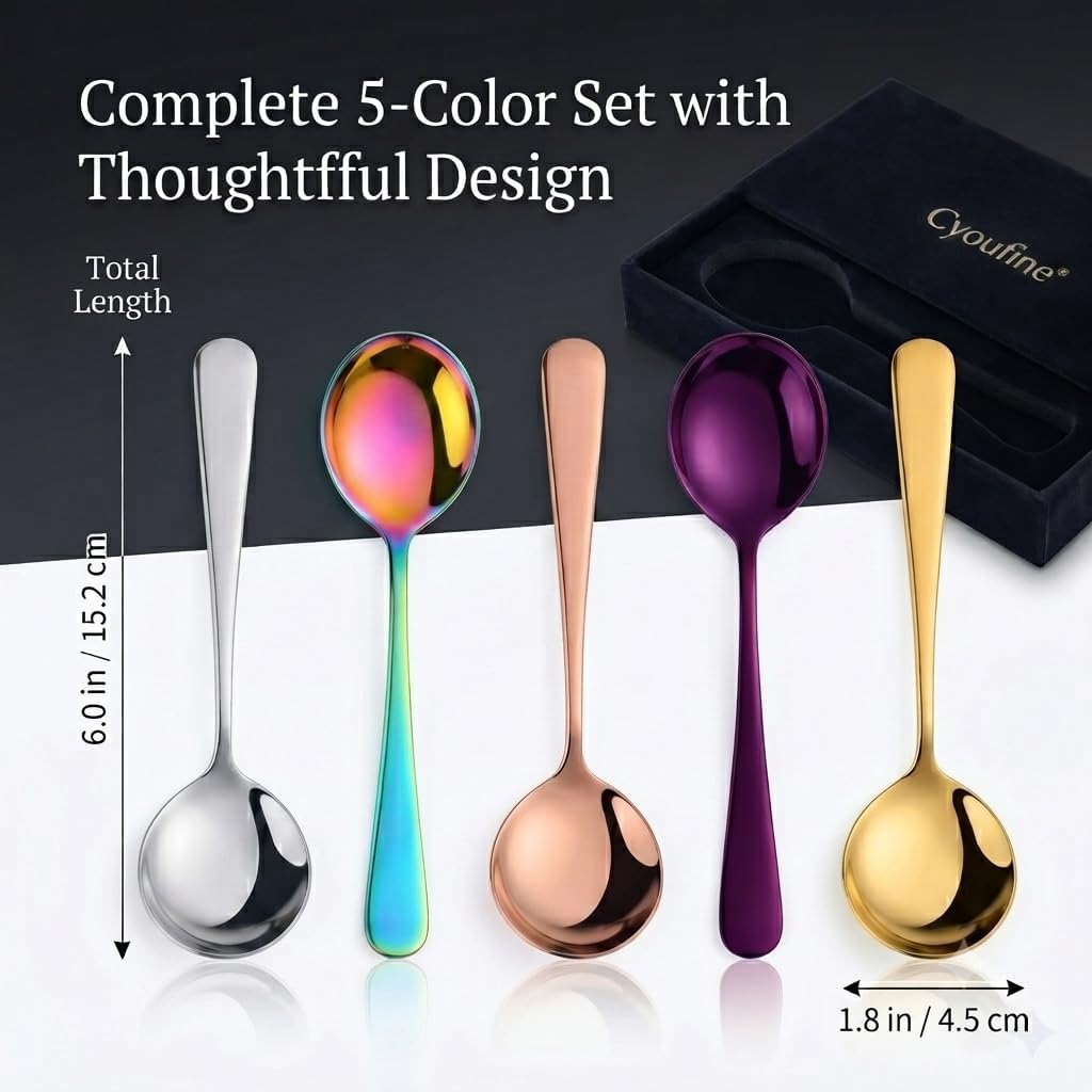 5 Color Soup Spoon set, Round Stainless Steel Bouillon Spoons 6-inch Metal Soup Spoon Flatware Set