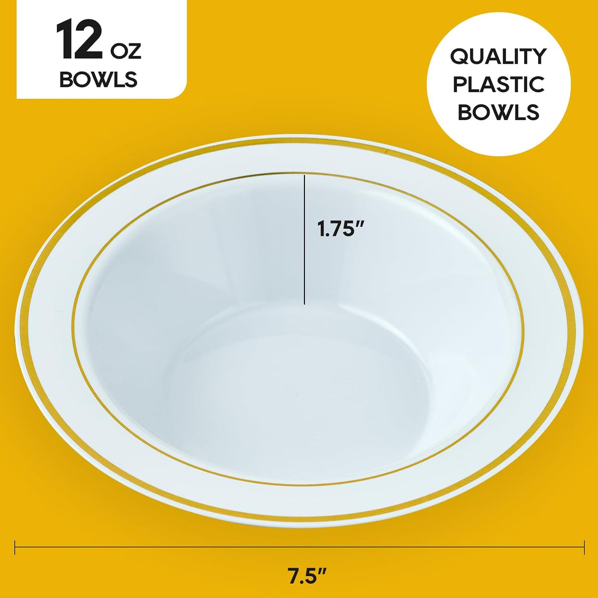 100PCS Plastic Bowls with Gold Rim 12oz Disposable Soup Bowls | Plastic Bowls for Christmas Thanksgiving Premium Dessert Salad Bowls for Wedding/Party/Halloween
