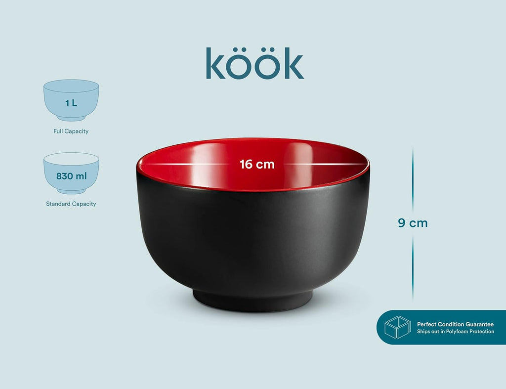 KooK Ramen Bowl, Japanese Bowls, Noodle Bowls, Large Soup Bowl, Ceramic, Large Capacity, For Ramen, Pho, Udon, Soba, Microwave and Dishwasher Safe, 34 oz, Set of 4 (Black/Red)