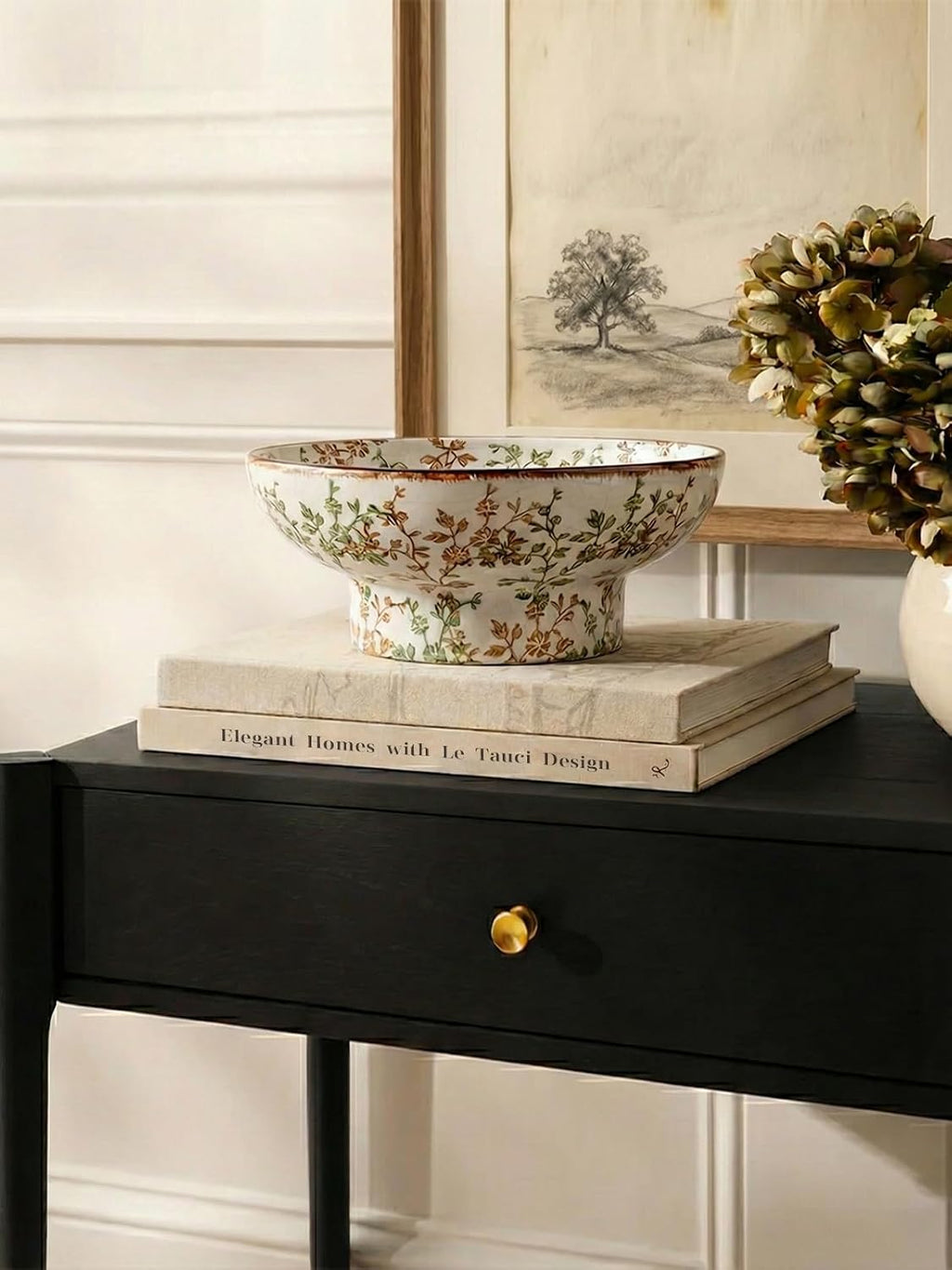 LE TAUCI 10" Ceramic Decorative Bowl, Key Bowl for Entryway, Handcrafted Sturdy Pedestal Bowl, French Country Fruit Bowl for Kitchen Counter, Centerpiece, Vine Green