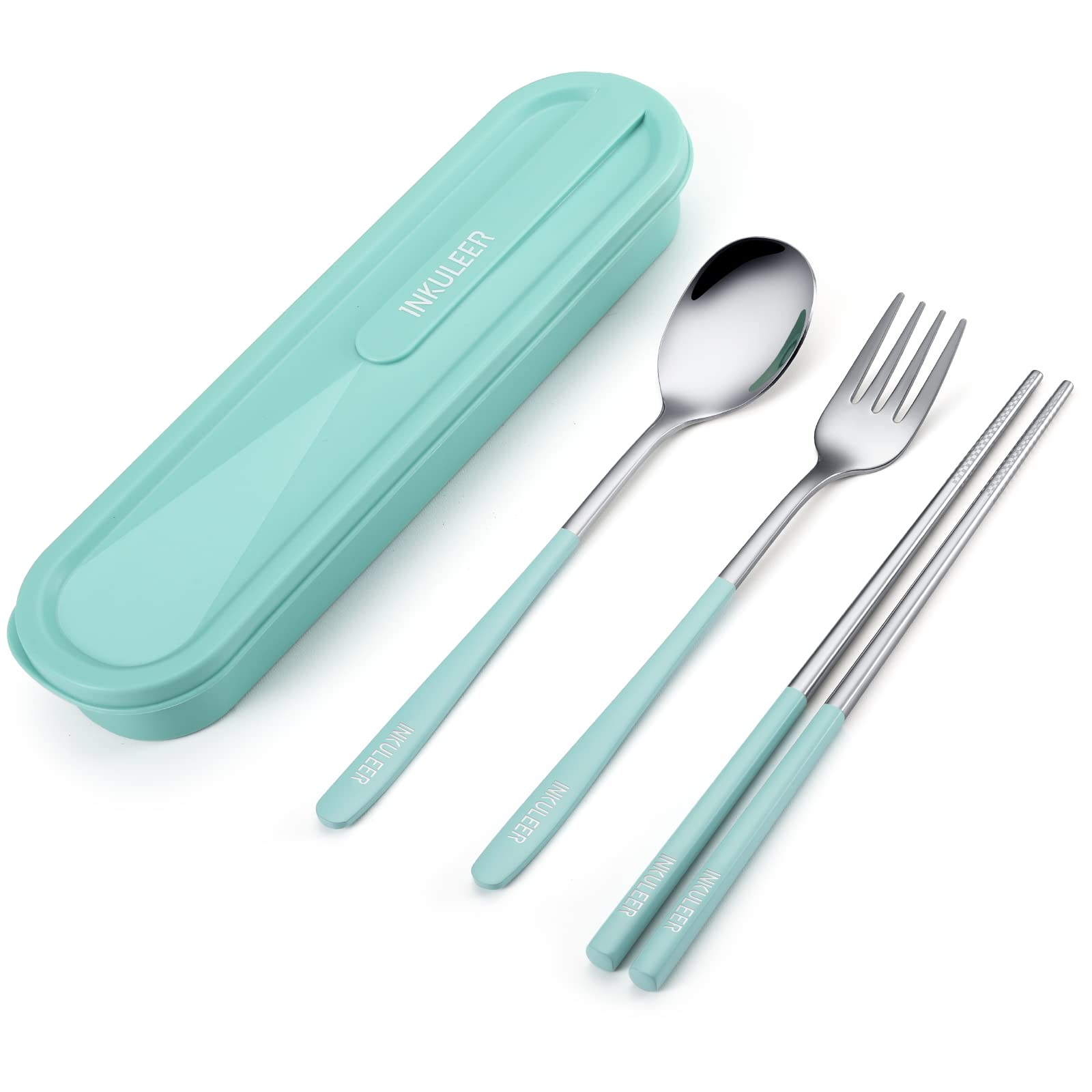 iNKULEER Travel cutlery set, 18/8 stainless steel cutlery, Reusable utensils set with case, Portable Silverware Lunch Box for Camping and Office (Pink)