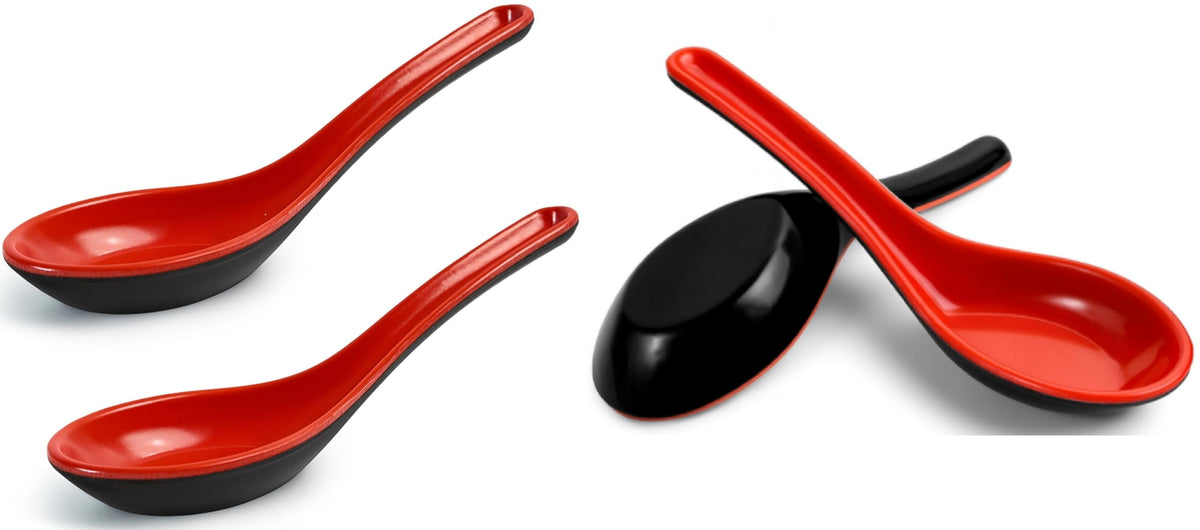 Red and Black Melamine Wonton Soup Spoons, 2 Count | Chinese Japanese Miso Ramen Dumpling Pho Rice Noodle Soba Soup Spoons.unbreakable