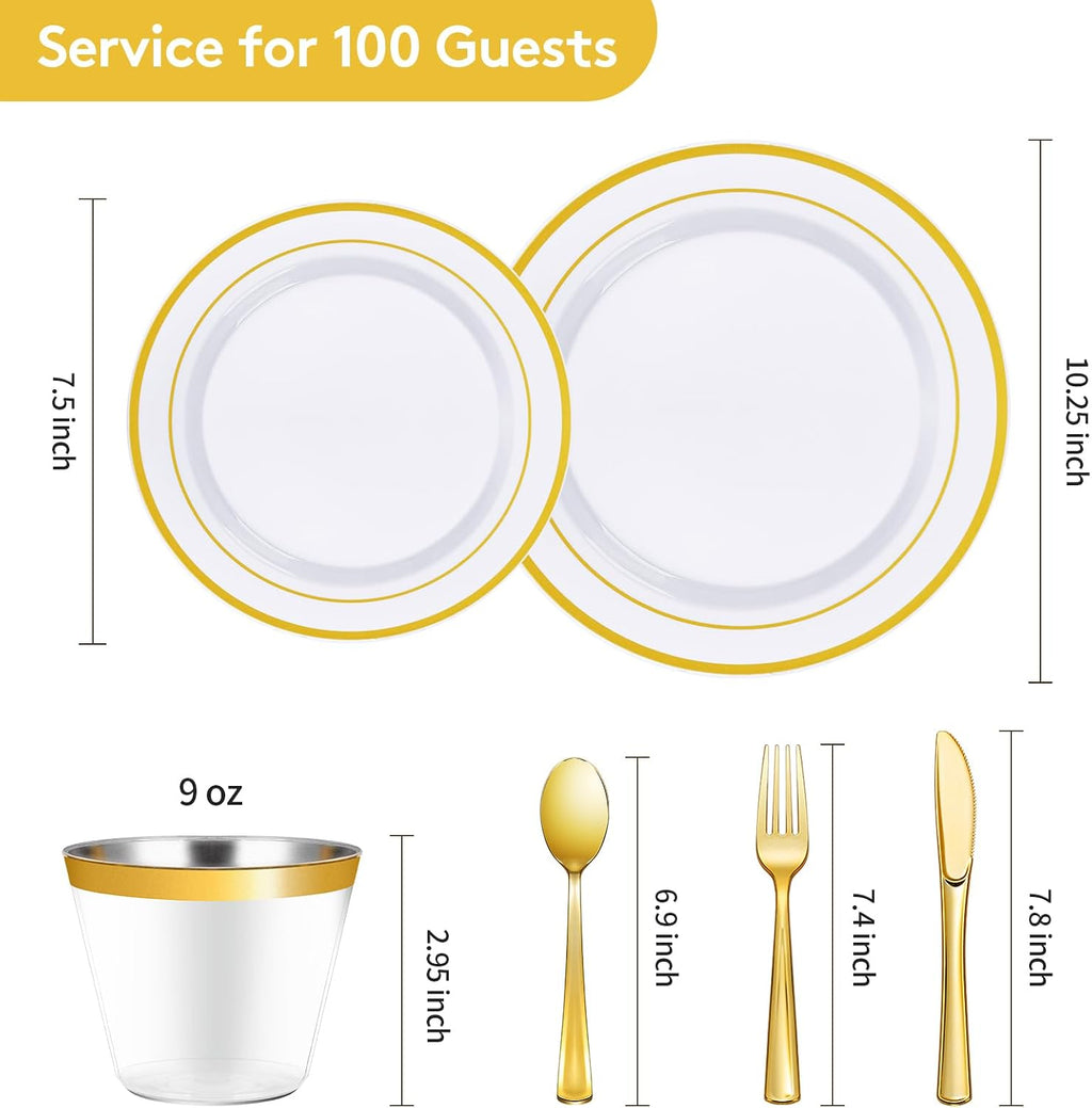 600 Pieces Gold Disposable Plastic Plates for 100 Guests | Include: Dinnerware Set of 100 Dinner and 100 Dessert Plates, 100 Spoons, 100 Forks, 100 Knives, 100 Cups Plates for Party