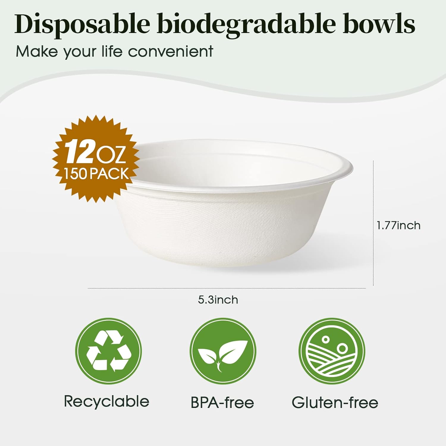 150 Pack 12 oz Compostable Paper Bowls Disposable, White | Heavy-Duty Biodegradable Bowls Made of Natural Sugarcane Bagasse, Perfect for Milk Cereals, Snacks, Salads, Desserts, Soups