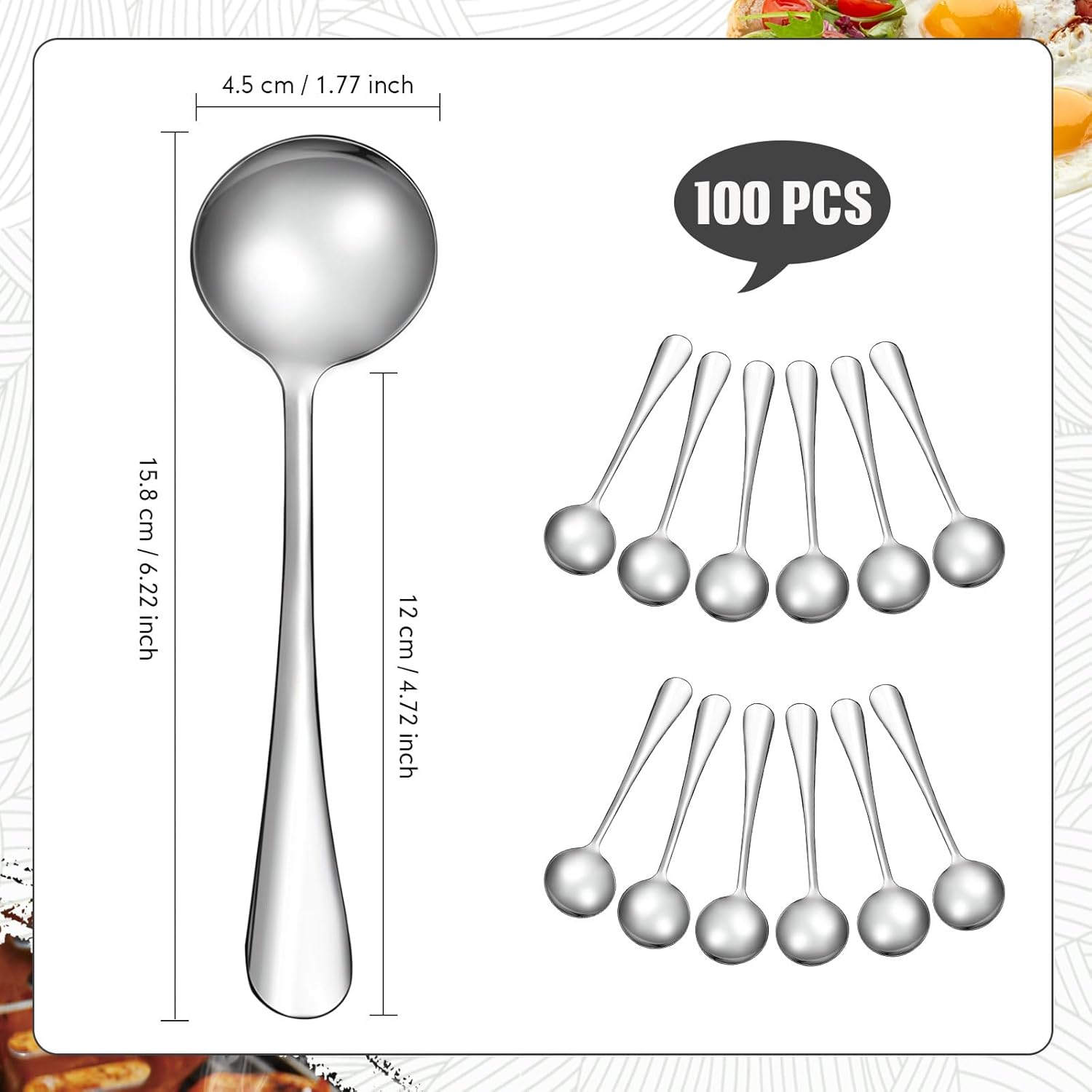 100 Pcs Soup Spoons Set (6.3 Inch) Stainless Steel Round Metal Dinner Spoons Bulk Mirror Polished Tablespoon for Home Kitchen Restaurant School Dishwasher Safe