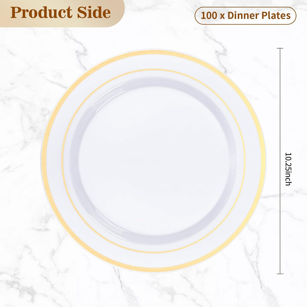 BESTVIP 100Pcs Gold Plastic Plates, 10.25 Inch Disposable Dinner Plates | Heavy Duty Dinner Dish with Rim for Christmas, Thanksgiving, Wedding, Birthday & Special Events