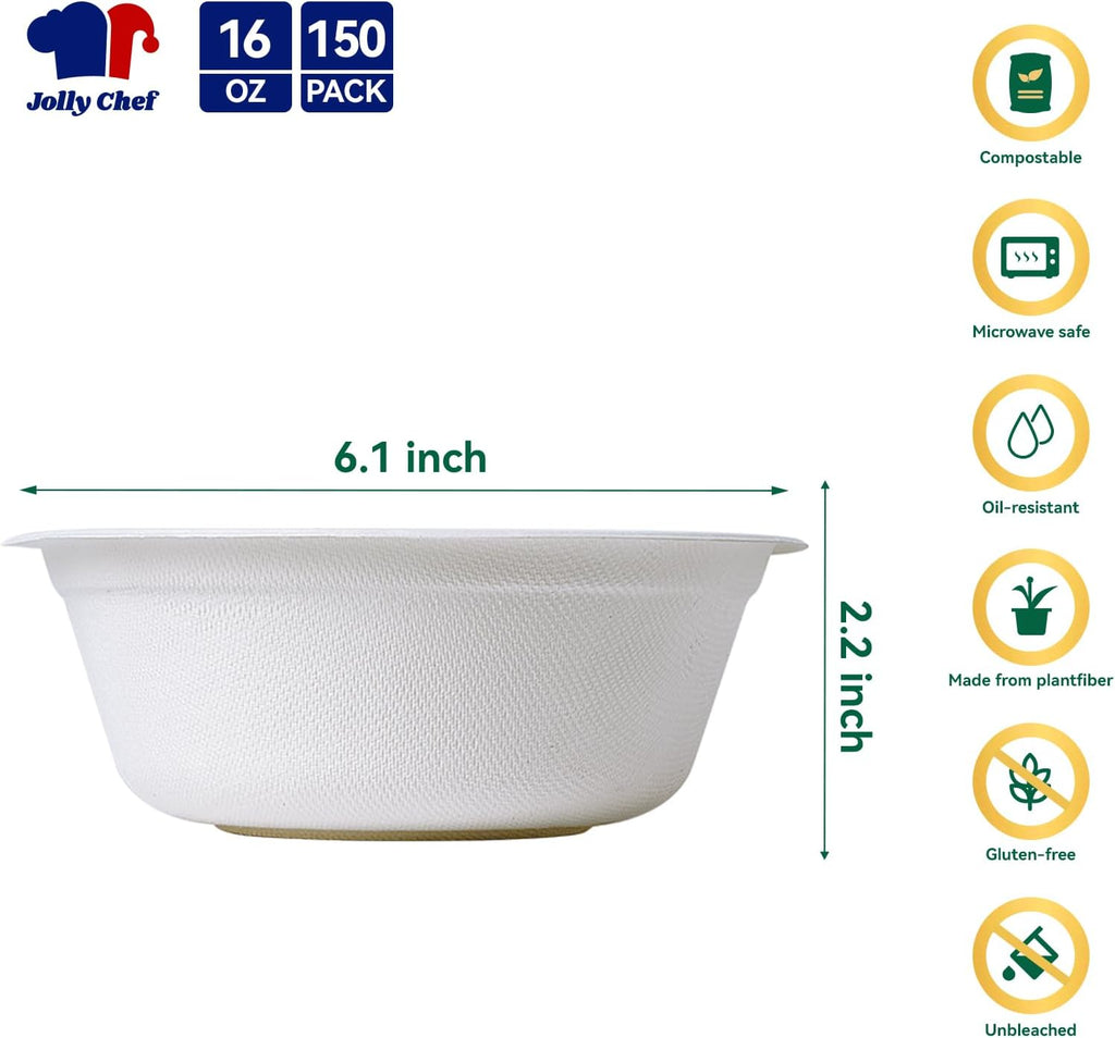 Compostable Disposable Paper Bowl [16 oz] Heavy Duty Soup Containers [150 Pack] Biodegradable Bagasse Hot Cold Food Eco-Friendly Sugarcane Microwavable Bowls for Salad Milk Thanksgiving Day