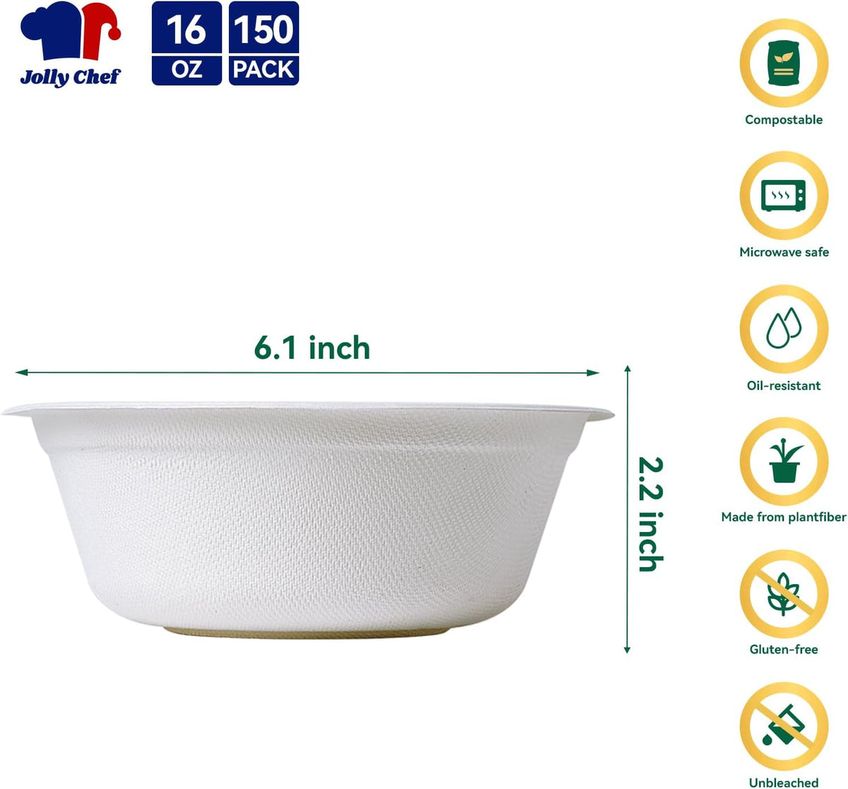 Compostable Disposable Paper Bowl [16 oz] Heavy Duty Soup Containers [150 Pack] Biodegradable Bagasse Hot Cold Food Eco-Friendly Sugarcane Microwavable Bowls for Salad Milk Thanksgiving Day