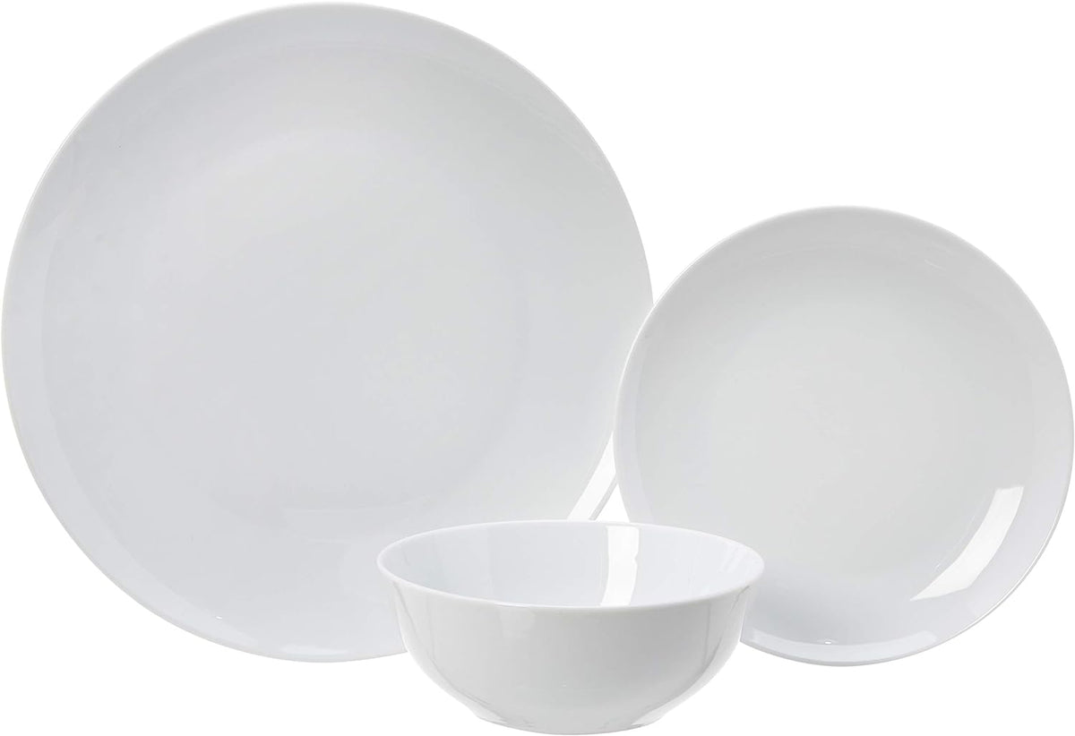 Amazon Basics 18-Piece Complete Kitchen Dinnerware Set, Microwave and Dishwasher Safe, Plates, Dishes, Bowls for Everyday Use, Service for 6, White Porcelain Coupe