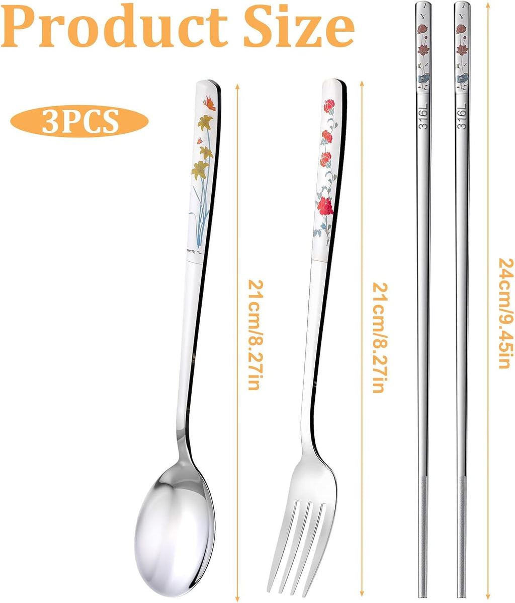 Travel Utensils Stainless Steel Fork Spoon and Chopsticks Set Korean Utensil Sets Reusable Utensils Set with Case Dishwasher Safe for Camping and Office