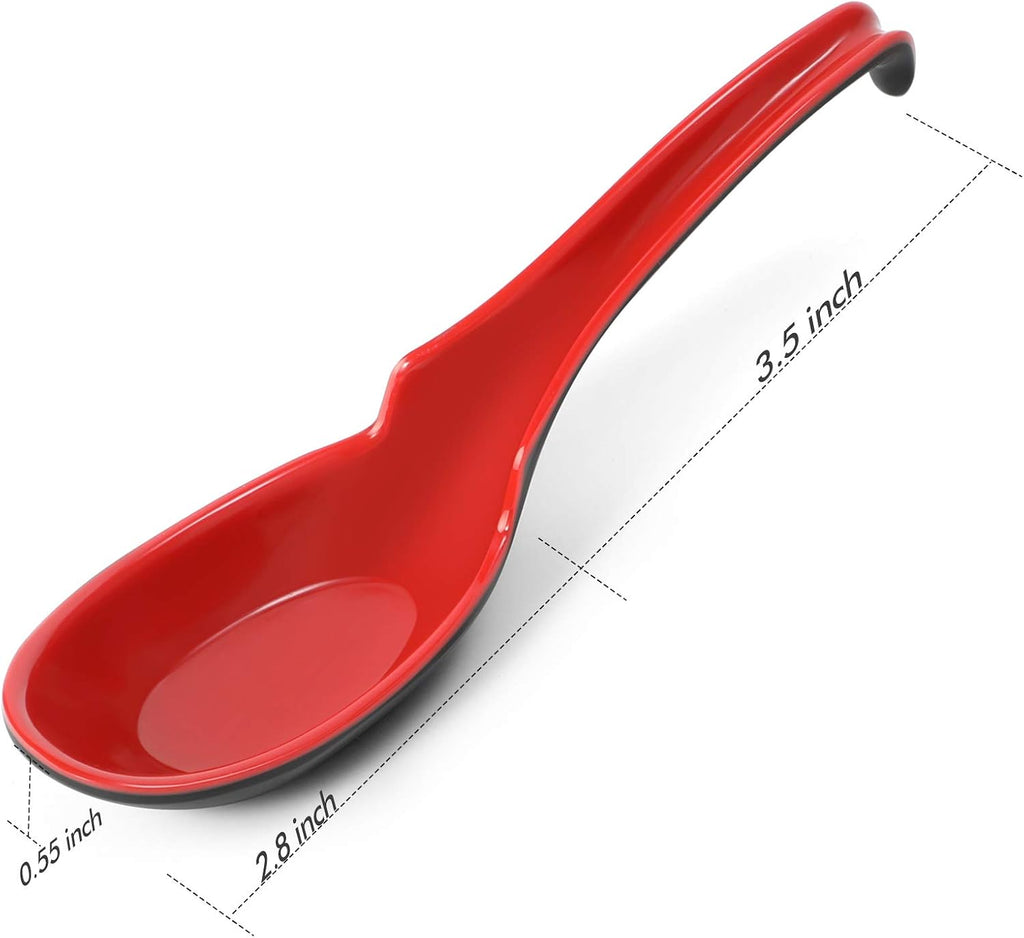 12 PACK Asian Soup Spoons, Rice Spoons, Melamine Chinese Won Ton Soup Spoon For soba, pho, ramen, Noodle, Korean Style Large Spoon with Long Handle- Notch and Hook Style, Red ＆ Black