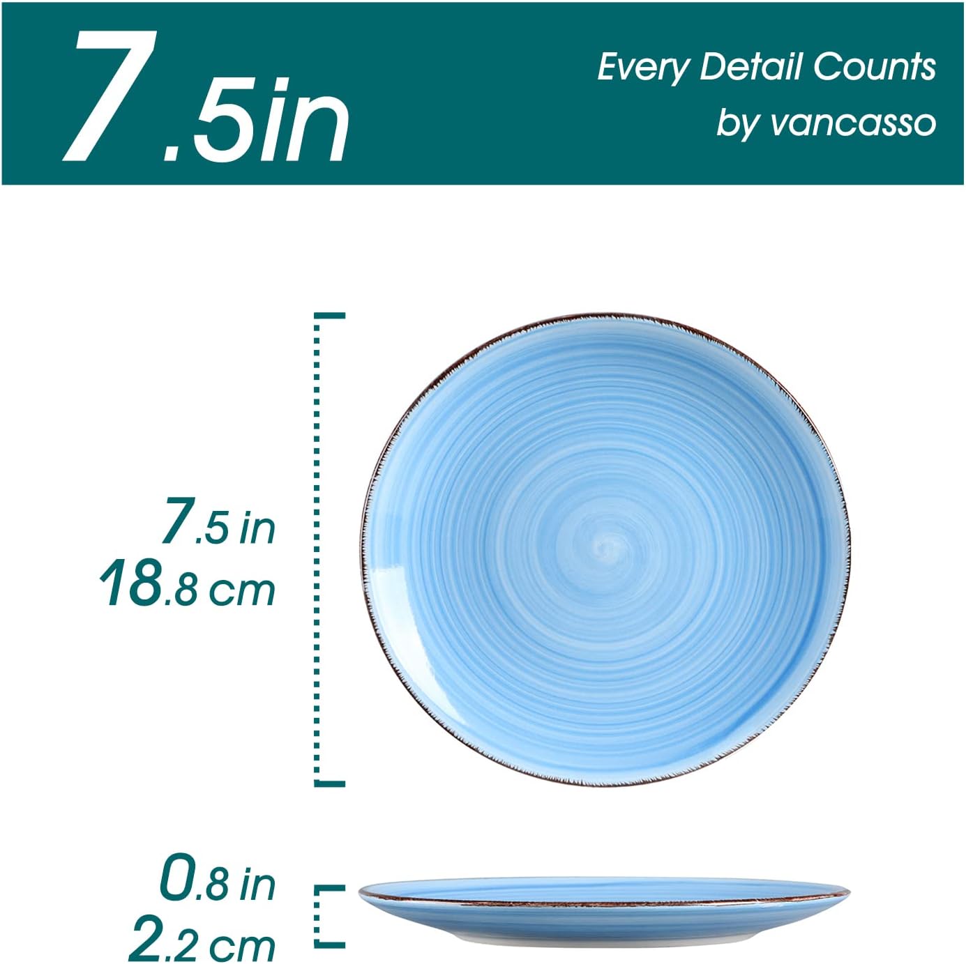 vancasso Bonita Blue Salad Plate Set of 6, 7.5 Inch Ceramic Dinner Plate, Dishwasher and Microwave Safe