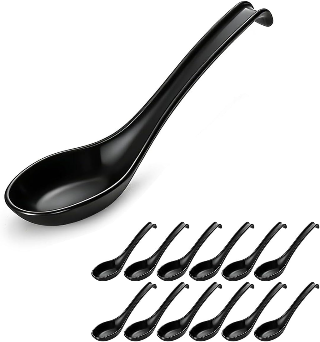 Berglander Asian Soup Spoons 12pcs, Plastic Chinese Won Ton Soup Spoon For Soba, Pho, Noodle, Japanese Ramen, Chinese and Vietnamese Wonton, Korean Style Large Spoon with Long Handle